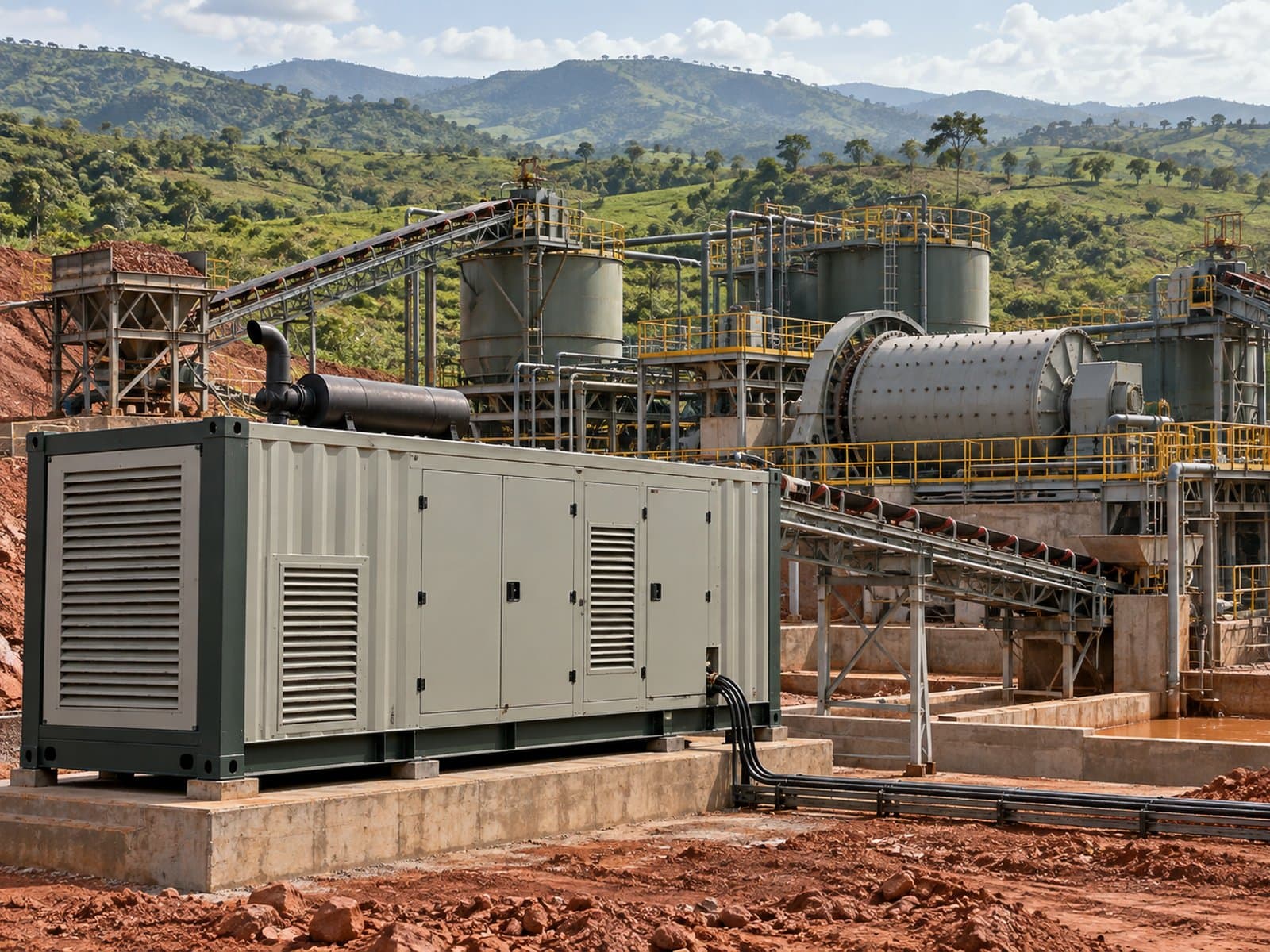 Diesel generator supplying a gold processing plant in green hills