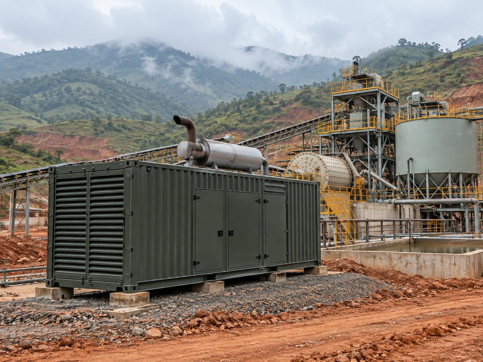 Diesel generator beside a gold processing plant in highland country