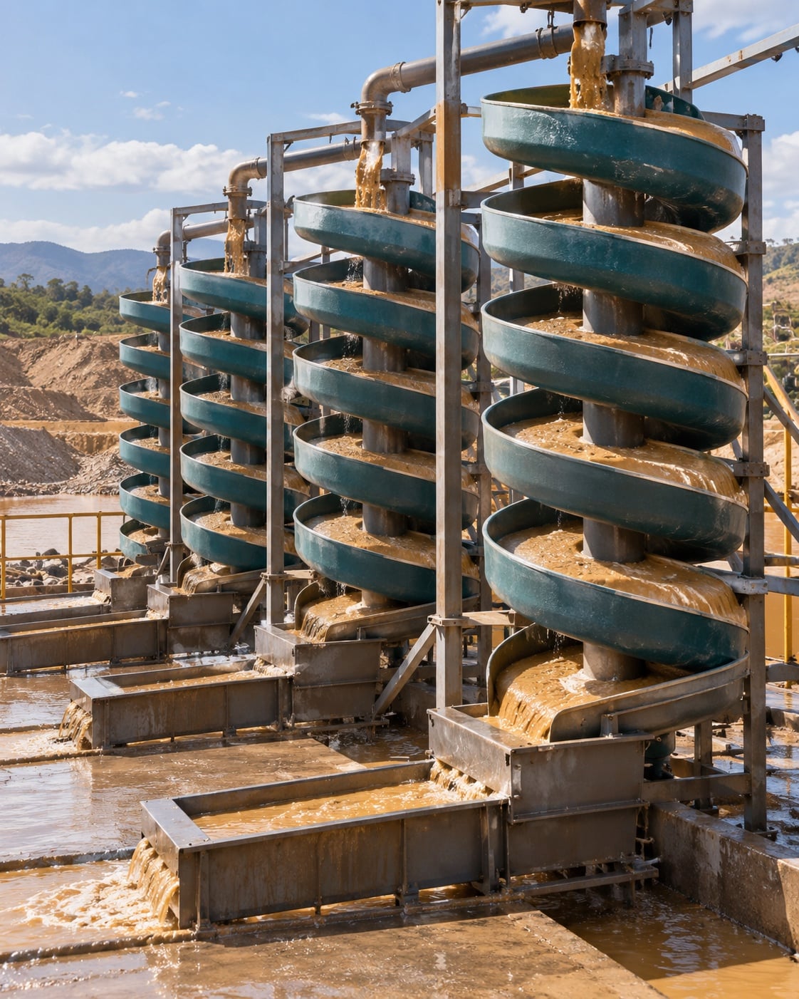 A bank of spiral concentrators separating minerals from sand and water