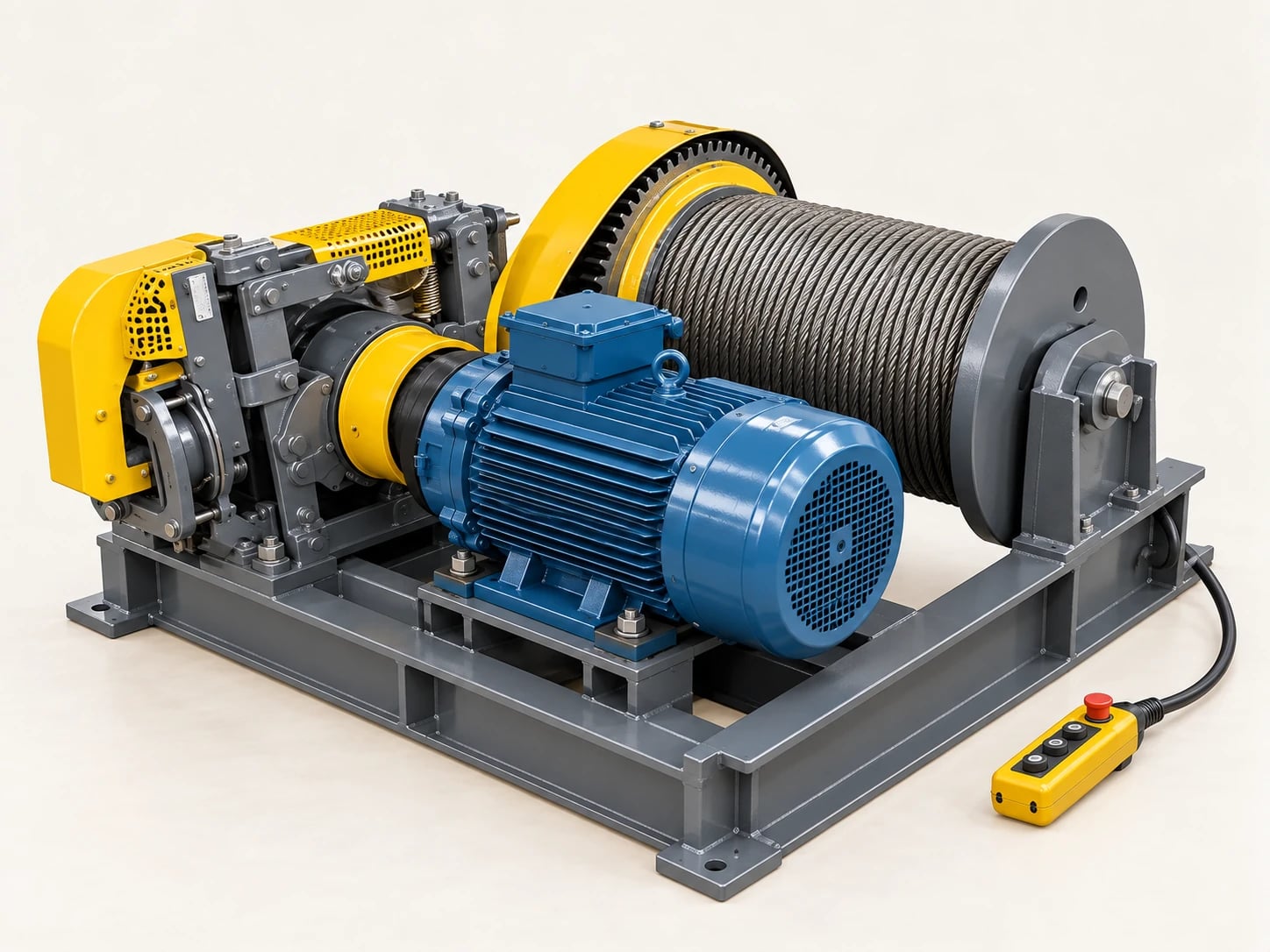 A 1 tonne electric winch winds wire rope onto a powered drum to pull material and equipment.