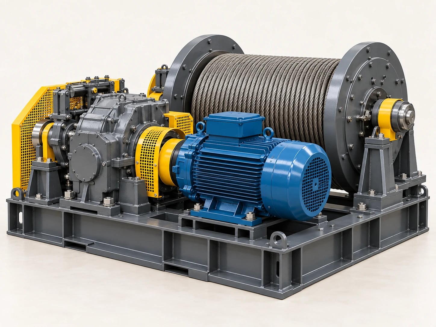 A 5 tonne mine winch uses a powered drum, wire rope and braking system to handle mining loads.