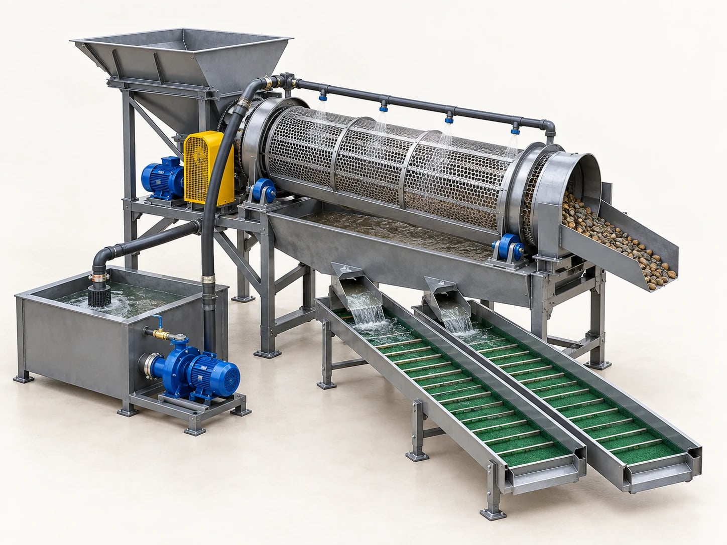 An alluvial gold wash plant with a feed hopper, spray-equipped trommel, twin recovery sluices, water tank and pump for washing and gravity separation.