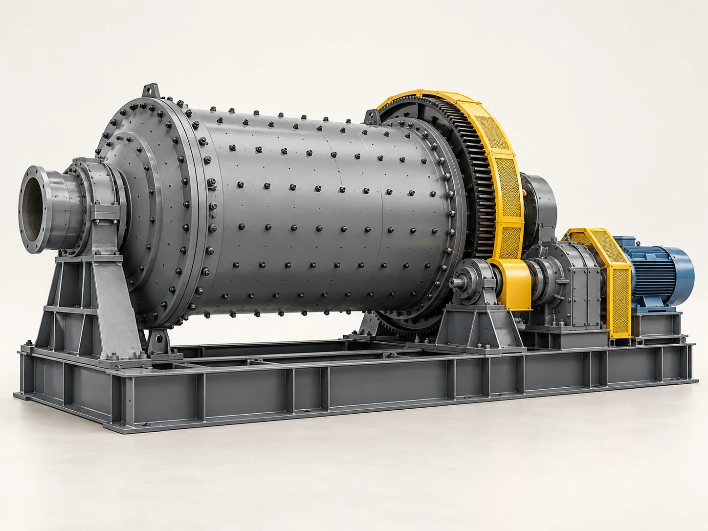 A ball mill grinds crushed ore in a rotating drum containing steel grinding balls.