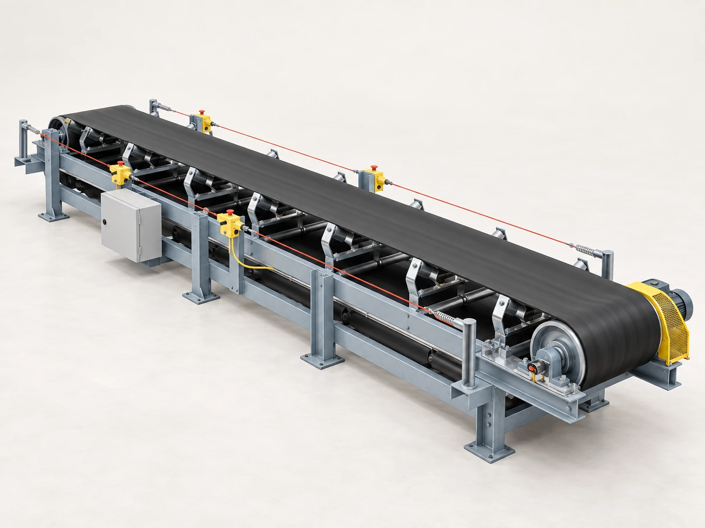 A belt conveyor moves material between crushers, screens, stockpiles and other stages of a processing plant.
