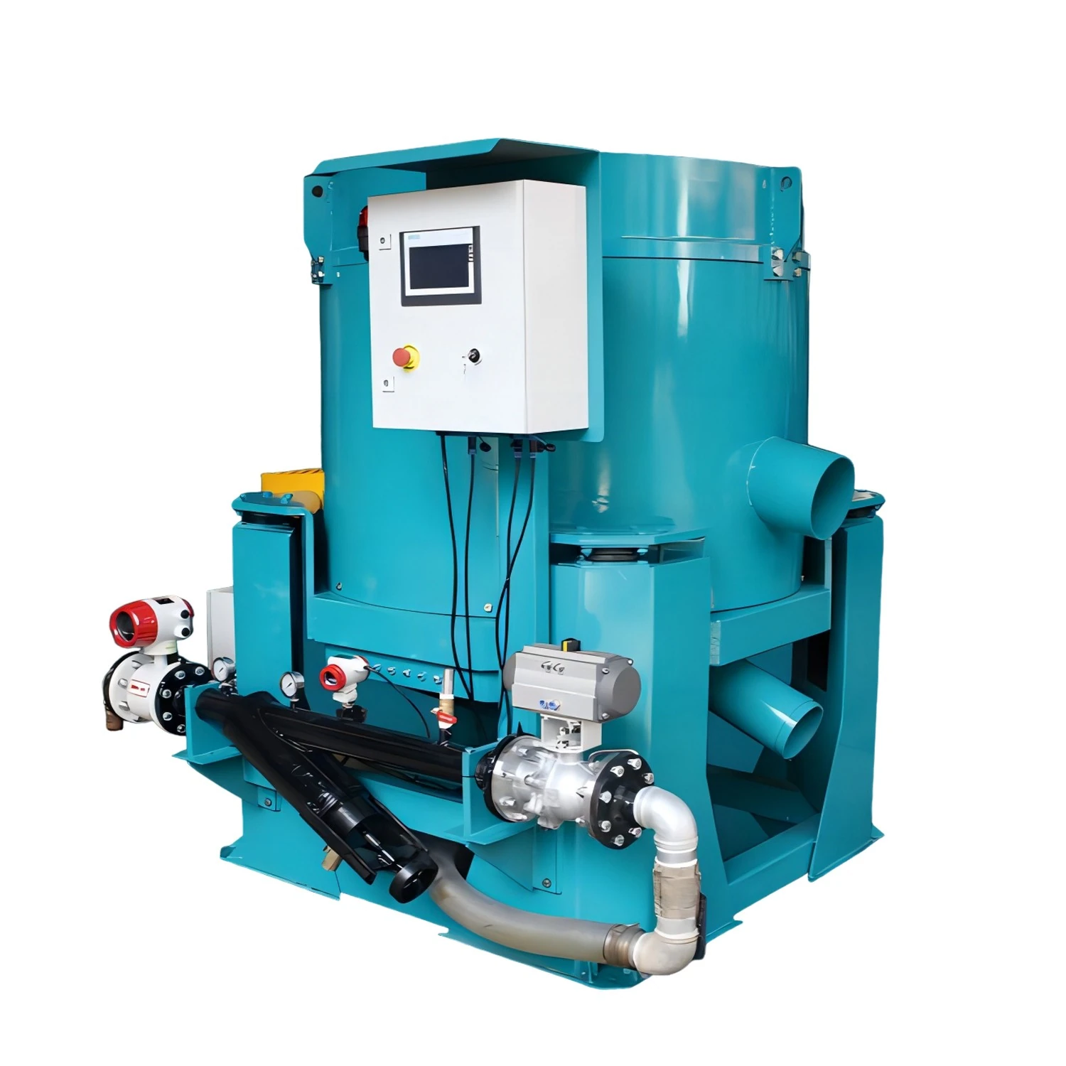 A centrifugal gold concentrator uses a spinning bowl and water to separate heavy gold particles from slurry.