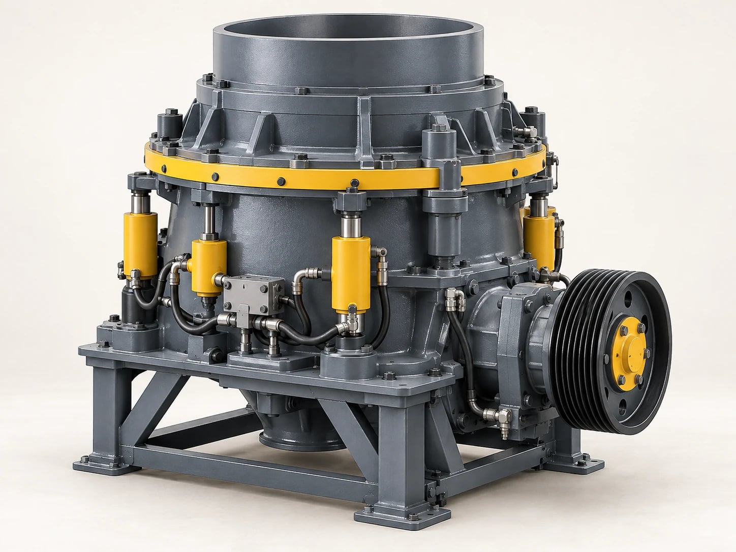 A cone crusher reduces rock between a moving cone and a fixed liner, commonly after primary crushing.