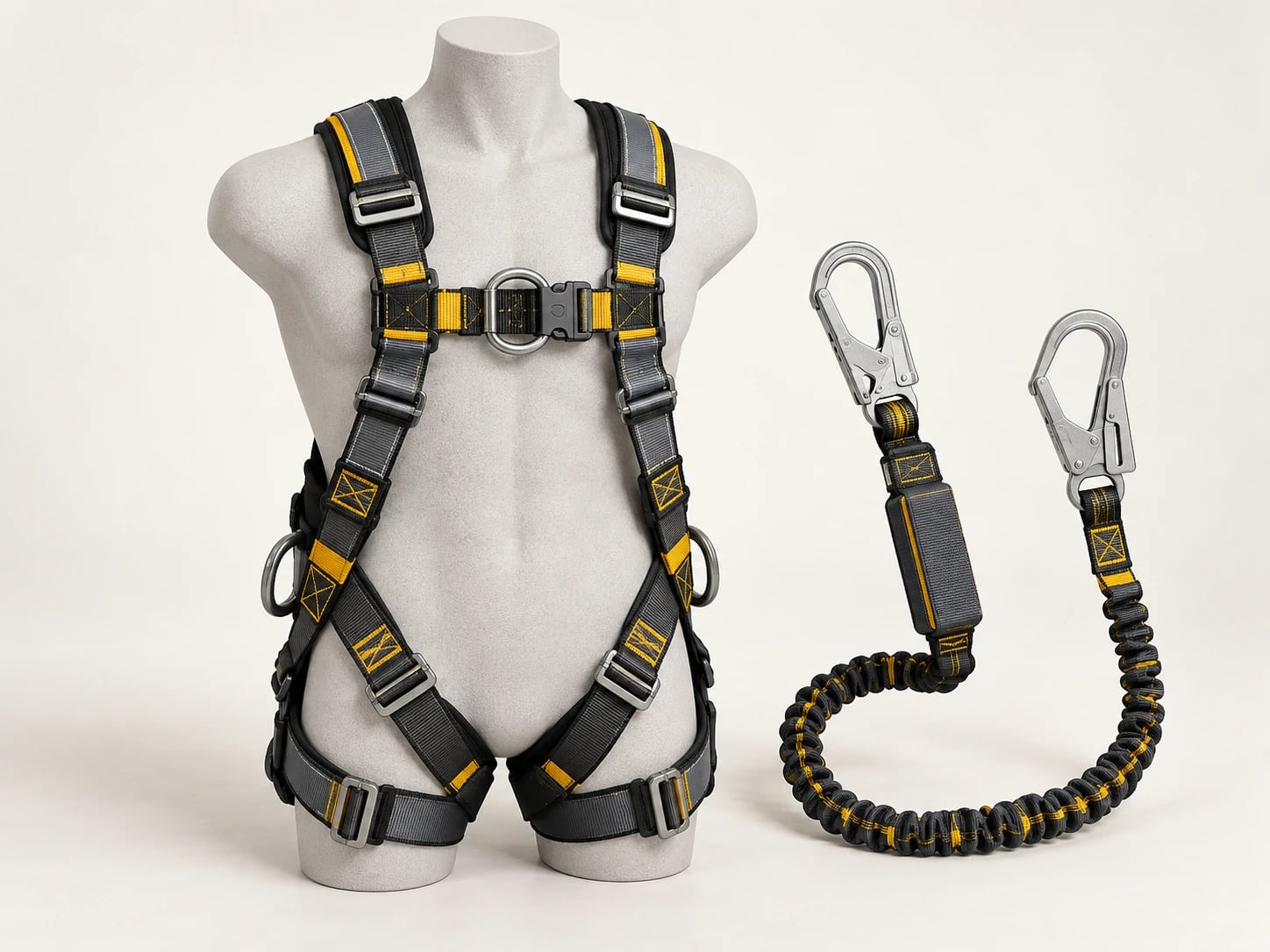 A full-body harness connects a worker to an appropriate fall-protection system when working at height.