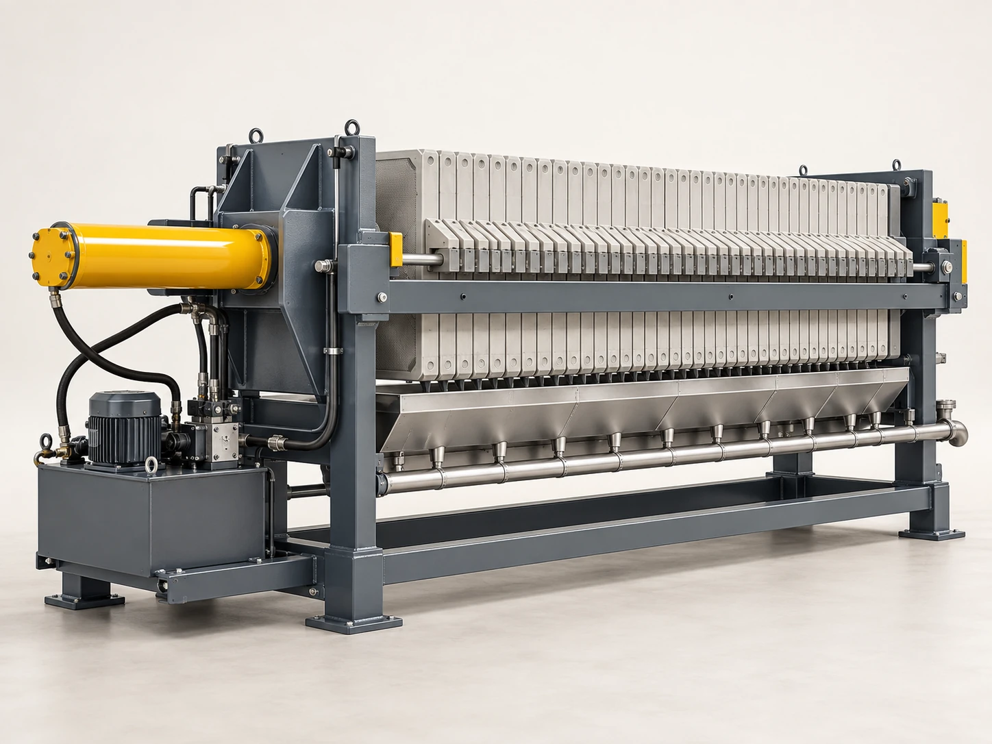 A filter press removes water from slurry through filter cloths, leaving solids as a filter cake.