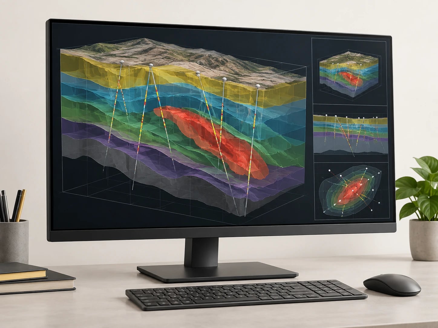 Geological modelling software organises exploration data and builds models of geological structures and mineralisation.