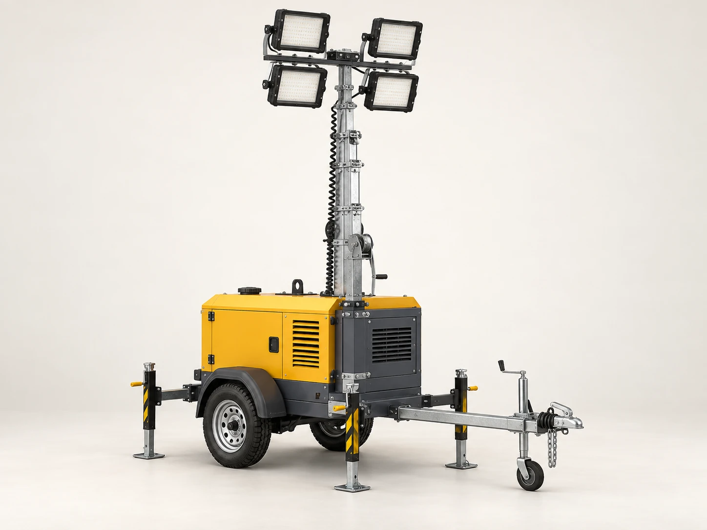 A lighting tower raises floodlights above the work area to illuminate night operations.