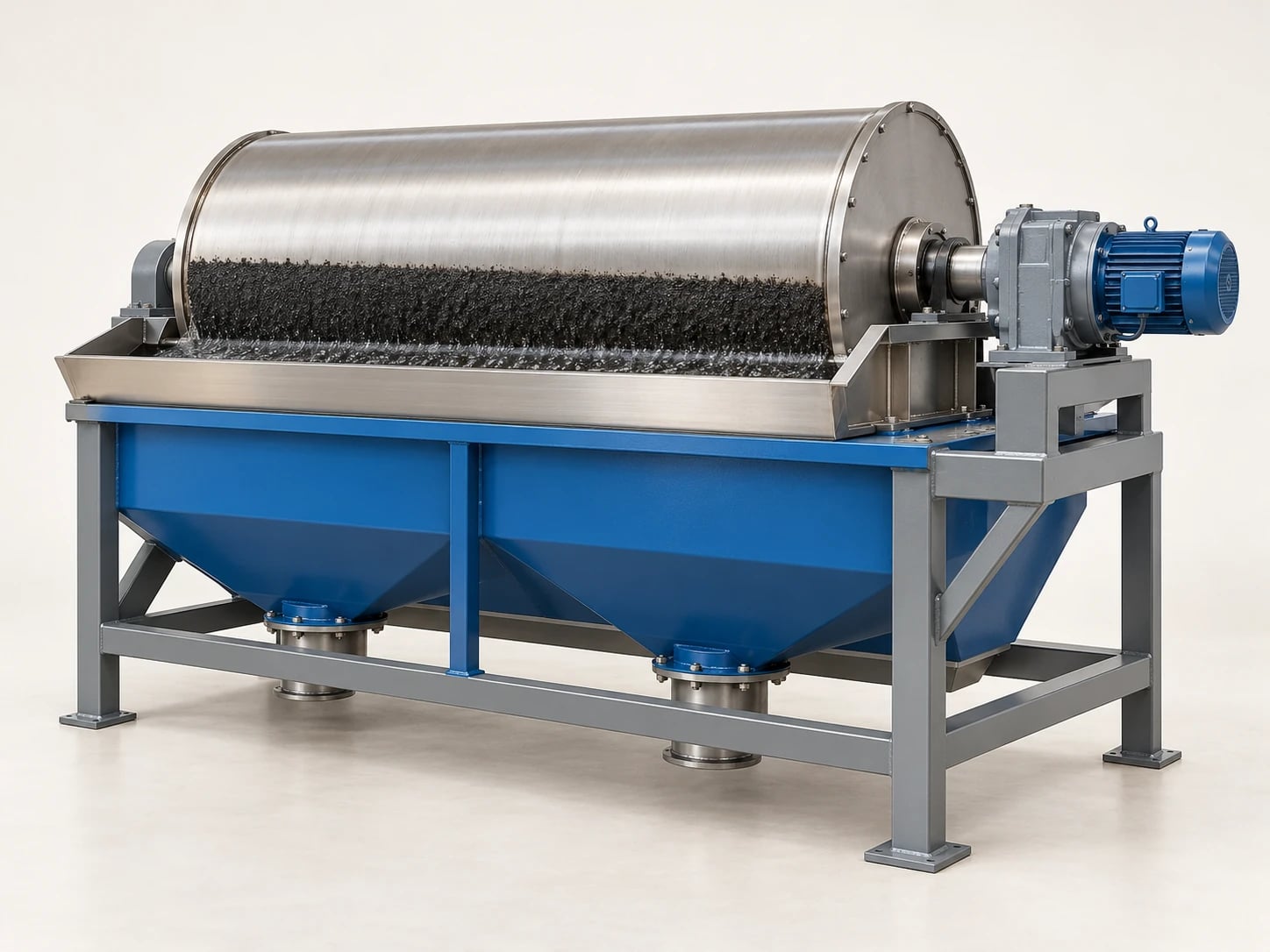 A wet drum magnetic separator: a fixed magnet inside the rotating drum holds magnetic particles and carries them away from the non-magnetic stream.