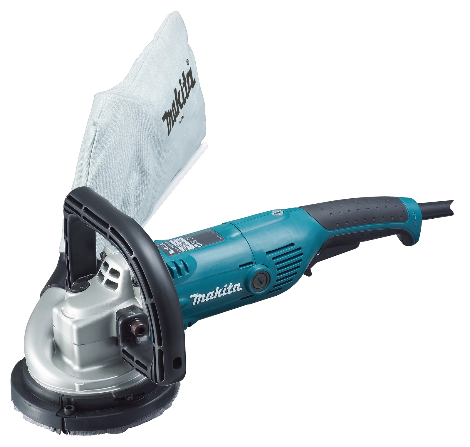 A Makita concrete planer with a dust shroud for levelling concrete.