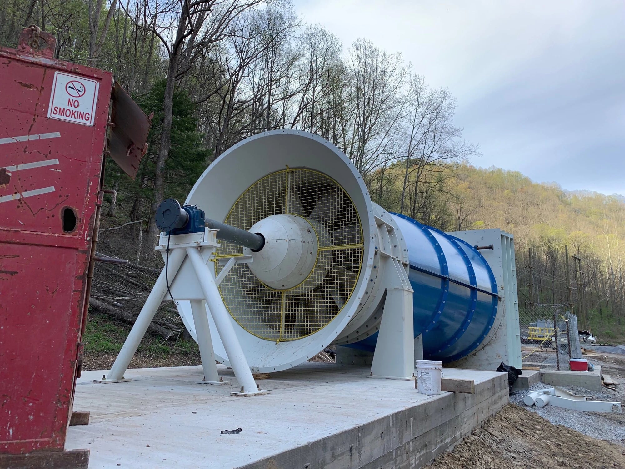 A mine ventilation fan moves air through ducts or mine passages to support underground ventilation.