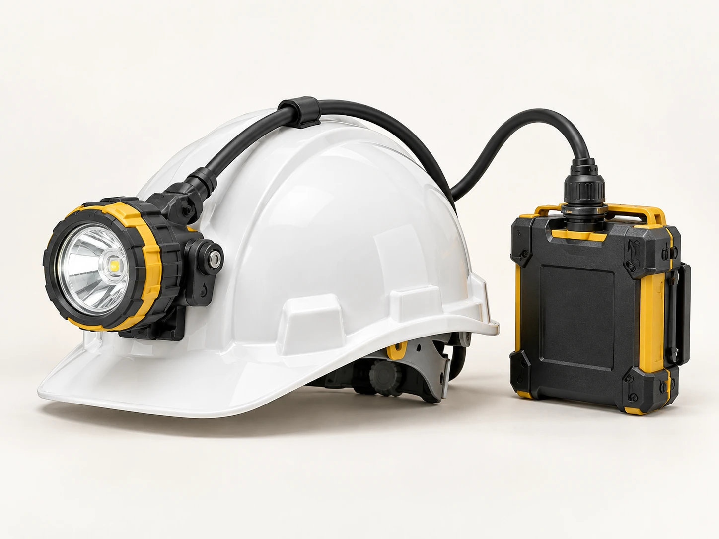 A mining helmet with a cap lamp combines head protection with lighting for underground work.