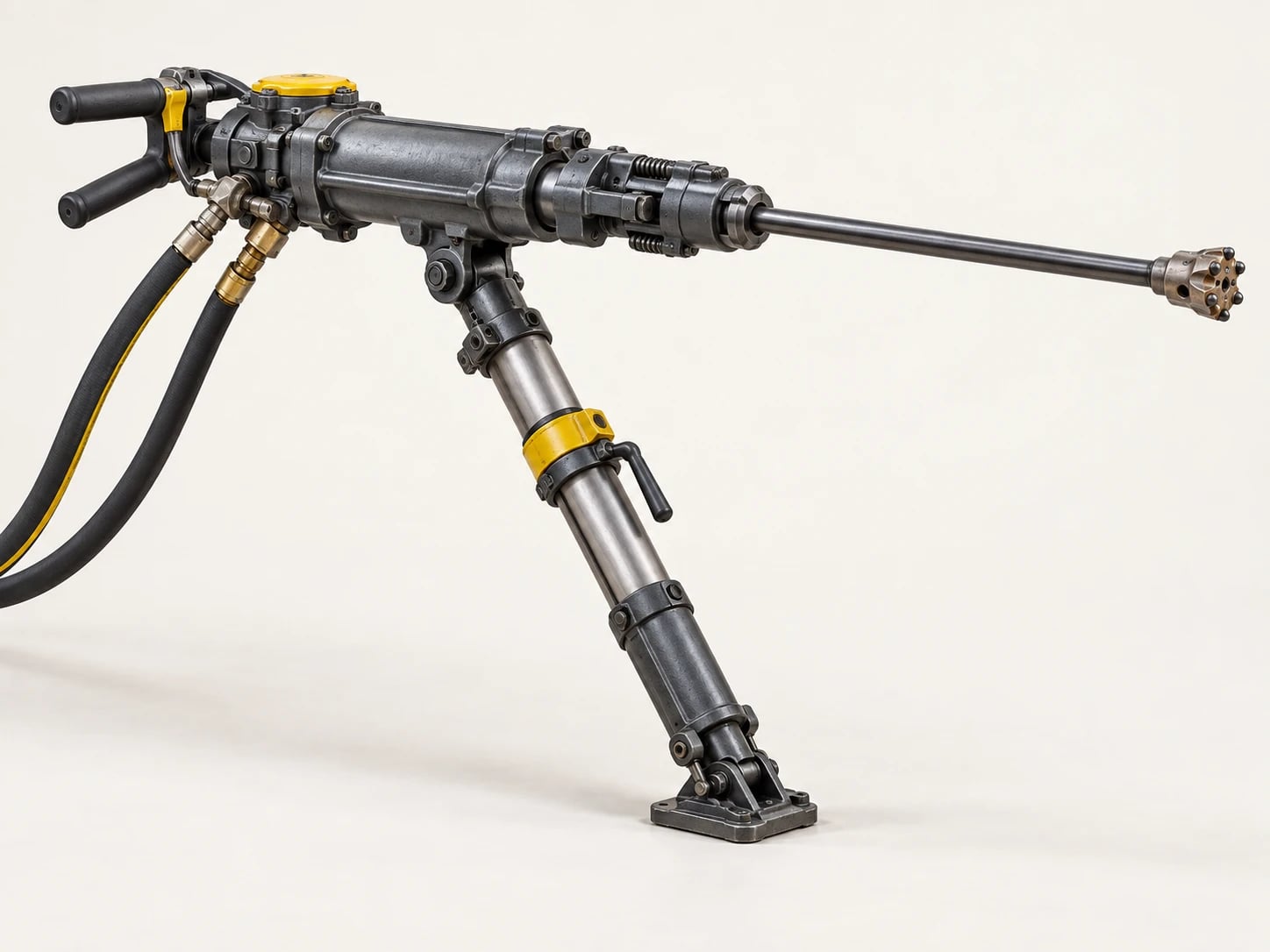 A pneumatic jackleg drill uses compressed air to drill rock, supported by an adjustable pusher leg.