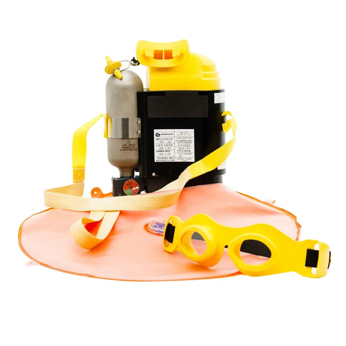 A self-contained self-rescuer provides a breathing supply for emergency escape from an unsafe atmosphere.