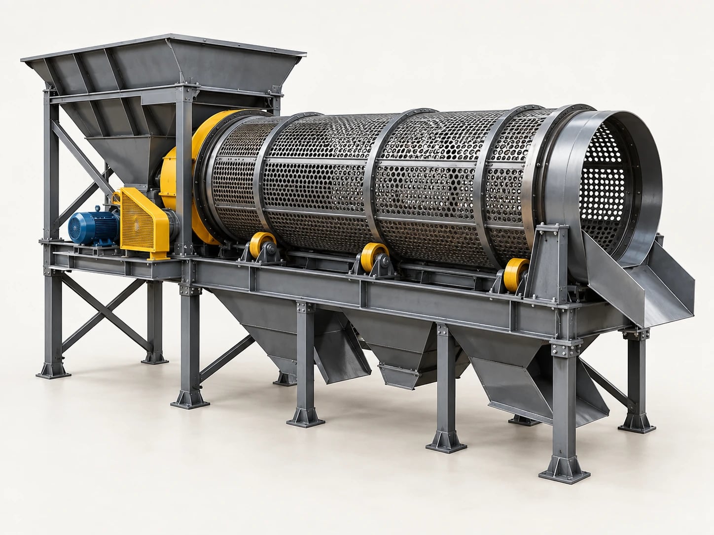 A trommel screen separates gravel by size as material passes through a rotating perforated drum.