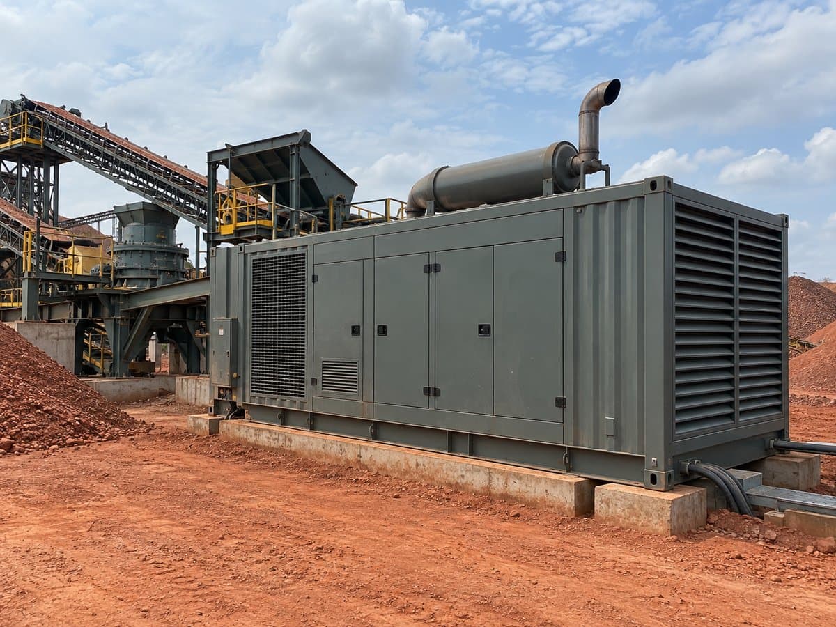 Containerised diesel generator of around 800 kVA beside a crushing and milling circuit